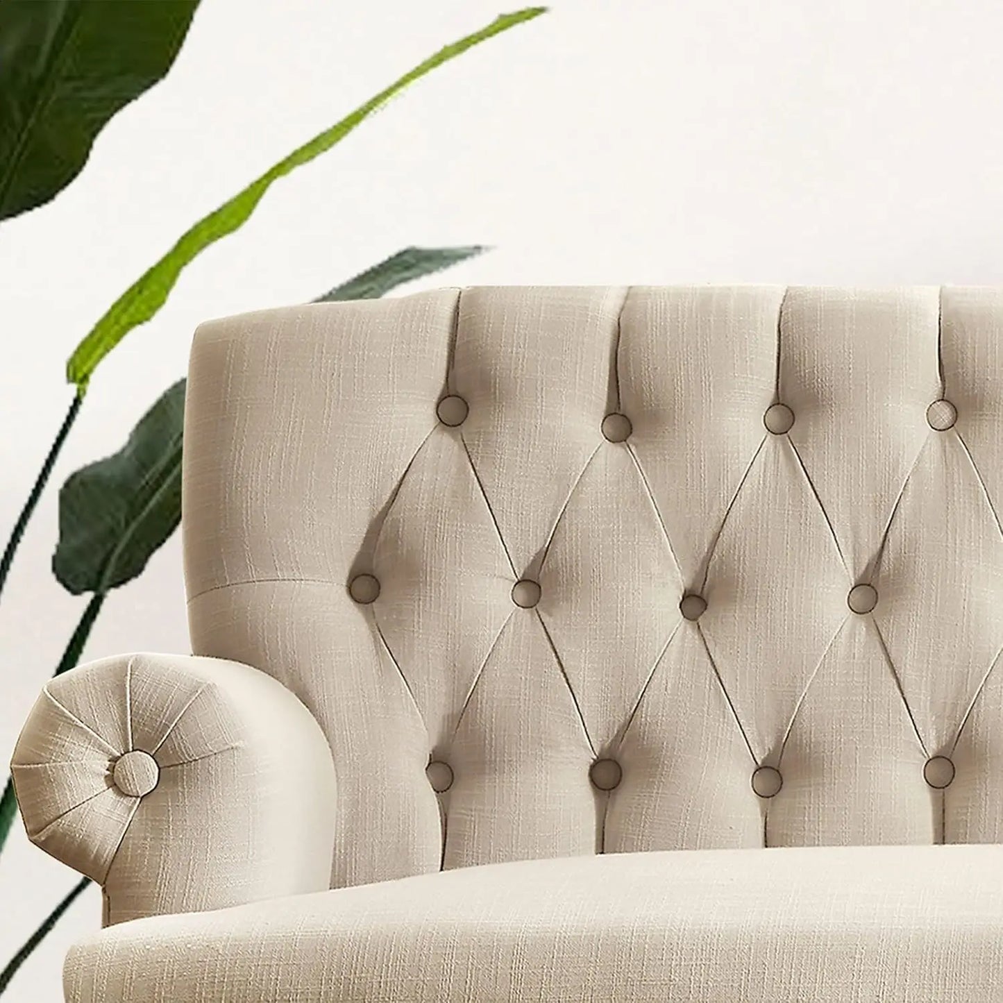 Loveseat Sofa 59": Button Tufted Linen with Rolled Arms & Gold Legs