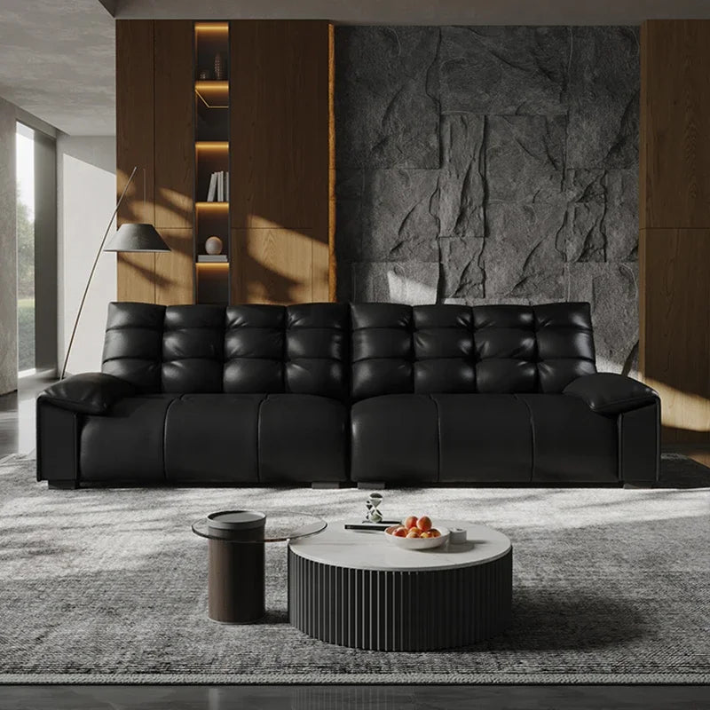 Black Leather Tufted Modular Sofa - Contemporary Recliner for Living Room