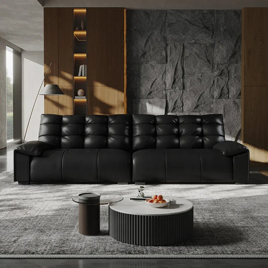 Black Leather Tufted Modular Sofa - Contemporary Recliner for Living Room
