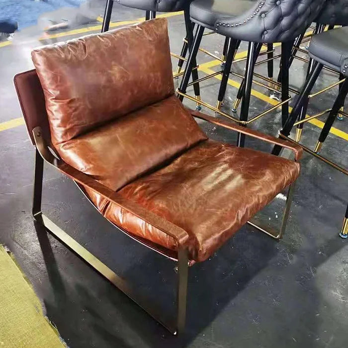 Vintage leather lounge armchair luxury comfortable living room chair metal iron frame tan leather lazy accent chair