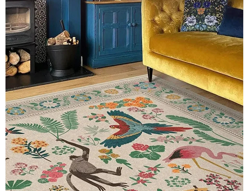 Bohemian Rug – Retro Animal & Plant Motif Carpet for Living Room & Bedroom
