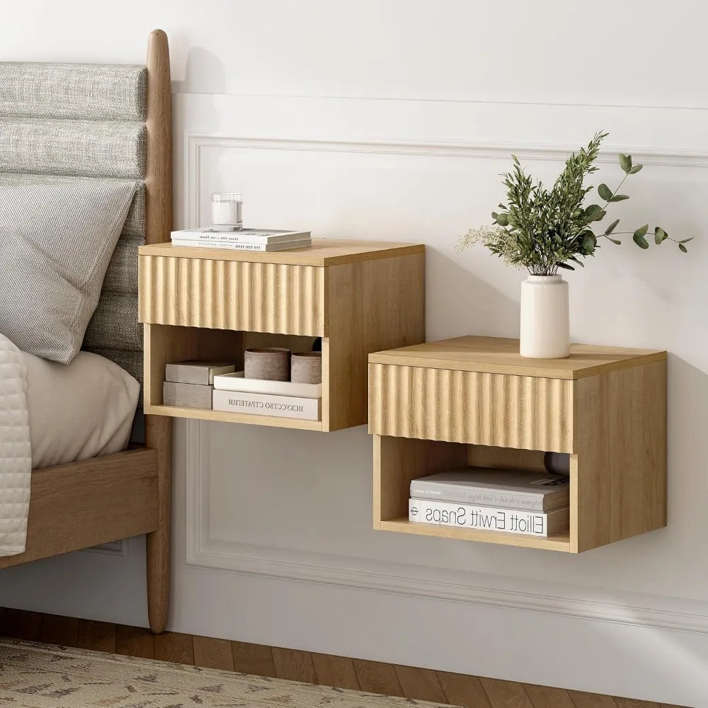 Floating TV Stands with Drawer and Open Shelf, Small Wall Mounted Bedside End Table, Modern Fluted Night Stand for Bedroom
