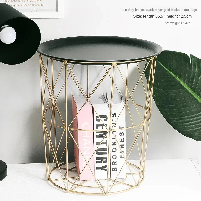 -New Nordic Golden Iron Metal Coffee Table Dirty Storage Basket Tea Fruit Snack Service Plate Tray Bed Living Room Sofa Side