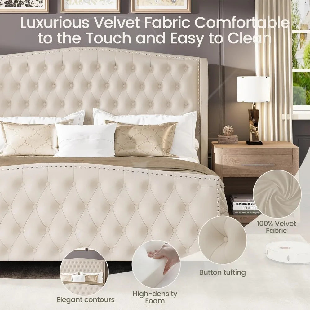 King Size Velvet Upholstered Platform Bed with Wingback Headboard and Footboard