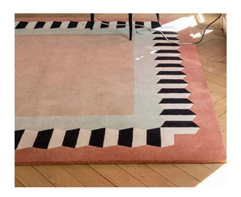 Geometric Colour Block Area Rug - Black and White Striped Border - Multiple Colours