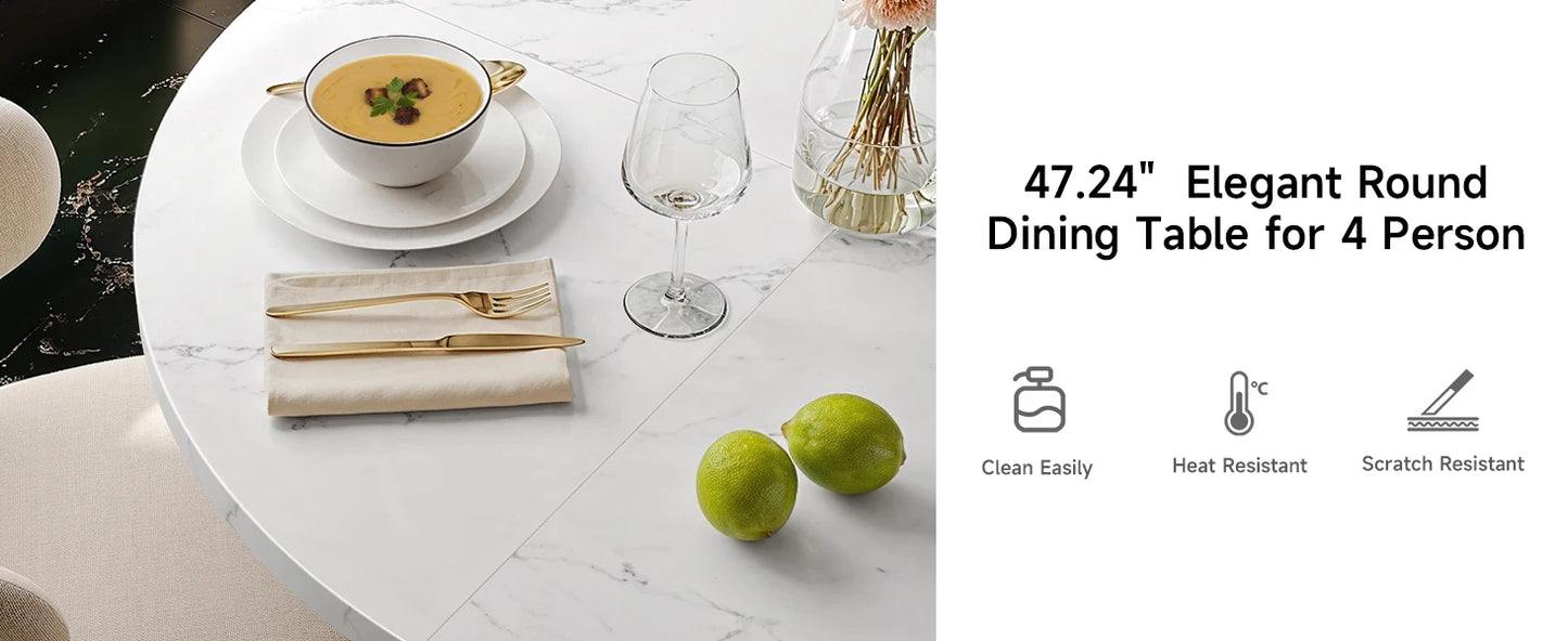 47.24 Inch Round Dining Table Kitchen Table for 4 People Wooden Marble Pattern Dinner Room Table with Gold Base for Home office