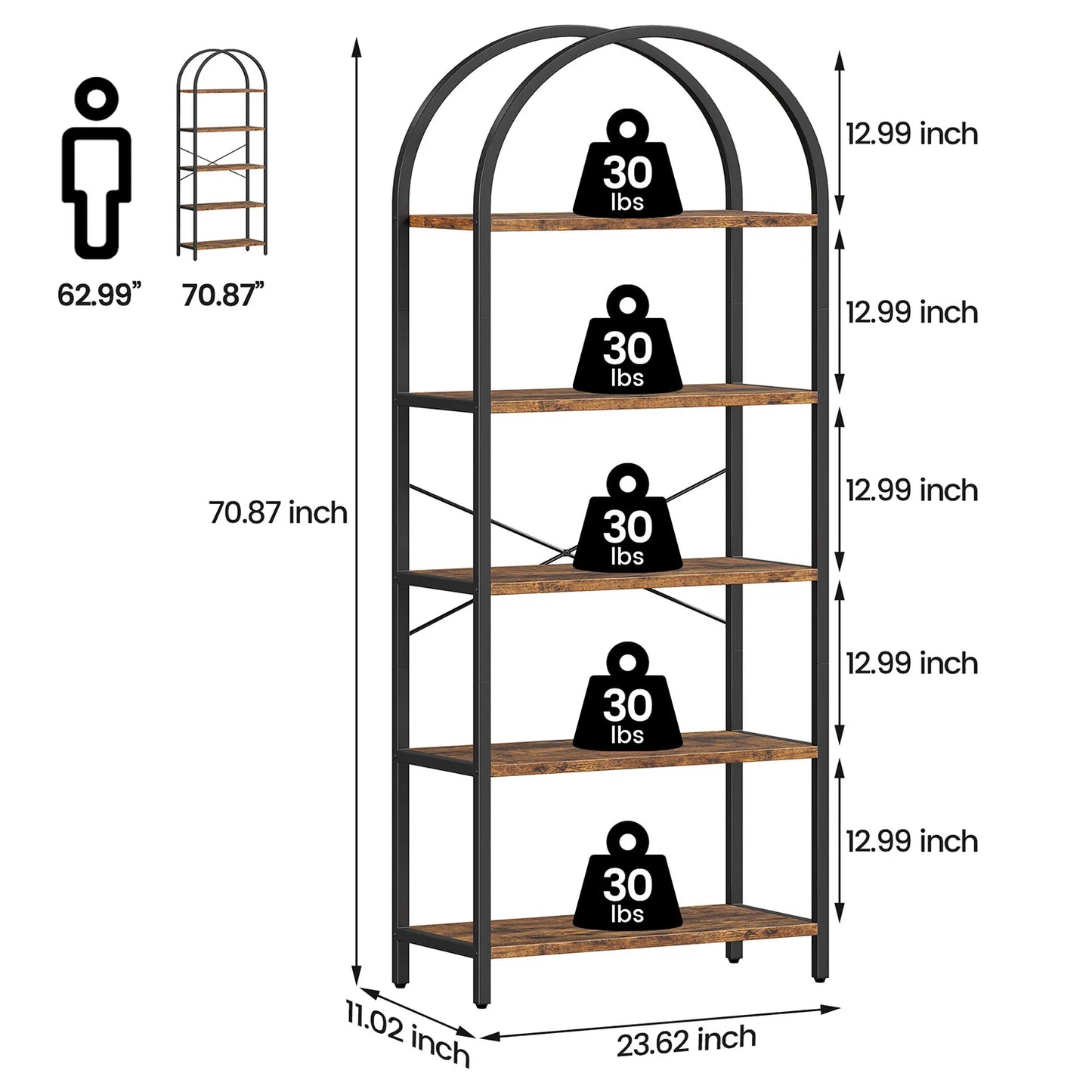 5-Tier Arched Bookshelf - Industrial Freestanding Display Rack, 180cm