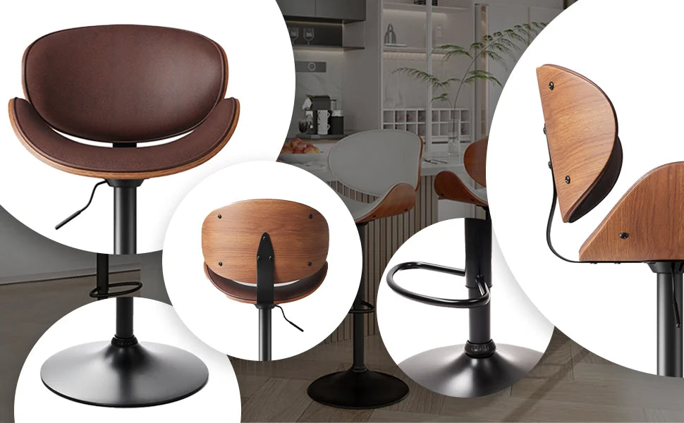 Rotating Bar Stool 2-Piece Set with Backrest and Footstool, Pu Leather Cushion Counter Height Bar Chair for Bar Kitchen and Restaurant