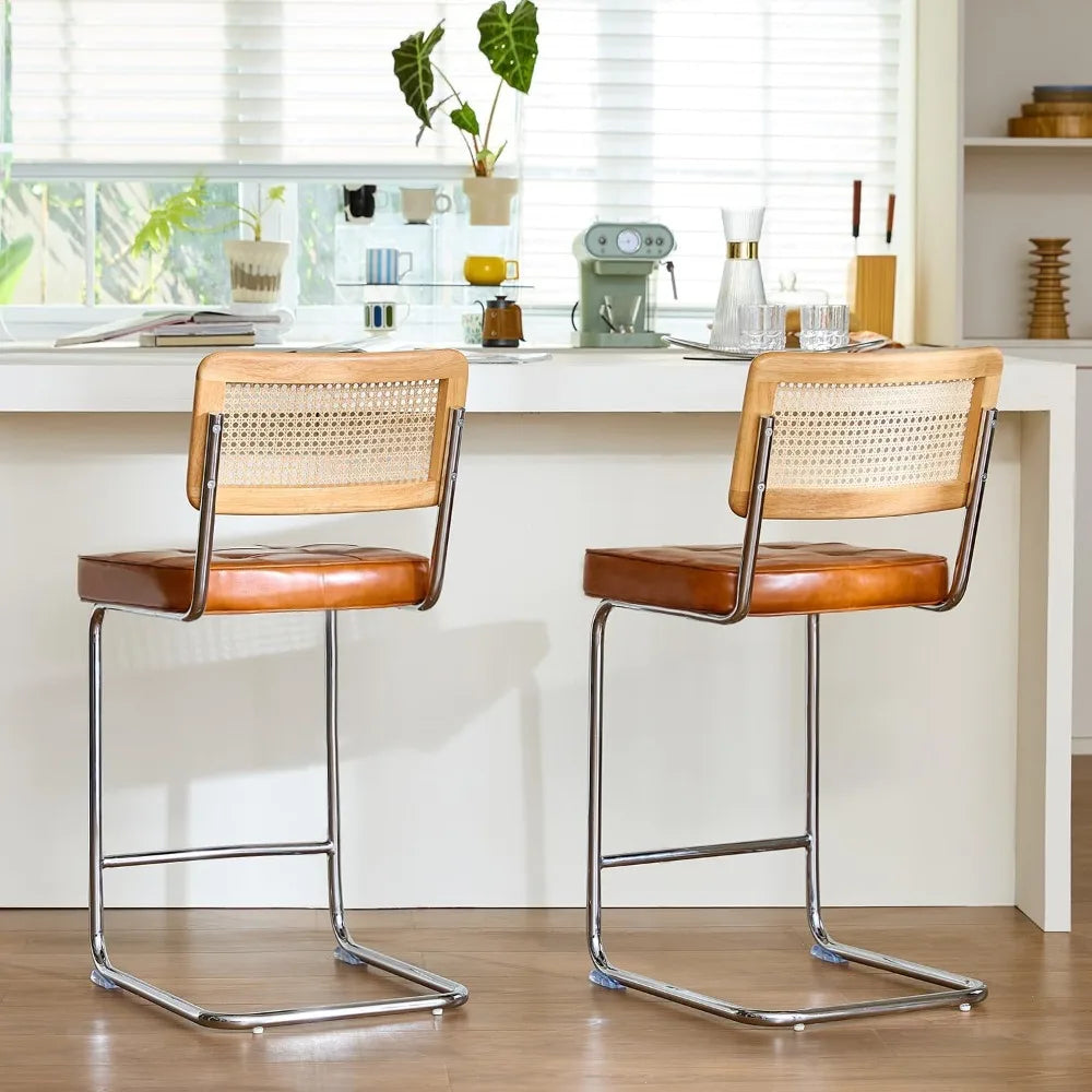 Natural Rattan Bar Stools Set of 2 - 24 Inch Counter Height with Solid Wood Backrest and Brown Faux Leather Seat