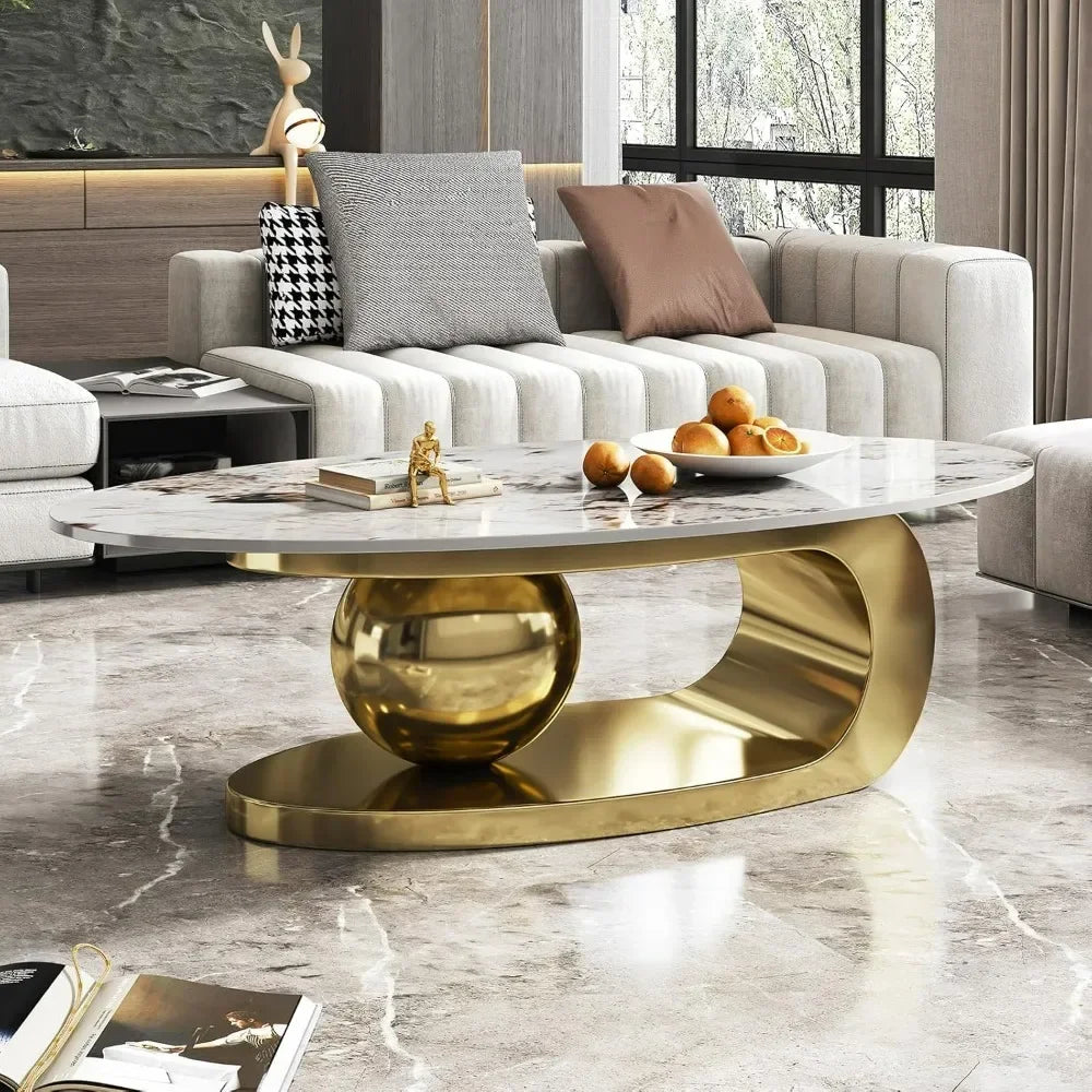 Modern Oval Stone Coffee Table with Abstract Gold Metal Base - Perfect  for Stylish Living Rooms-Gold,51"Lx28Wx16.5H