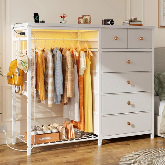 49.2" W White Dresser for Bedroom with Hanging Rack, 6 Drawers Dresser with LED Lights & Charging Station, Fabric Dressers