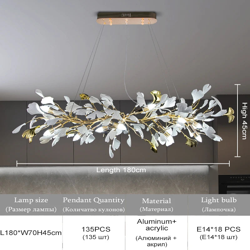 Ginkgo Leaf Chandelier 180cm: Modern Gold Pendant Light for Dining Room & Living Room