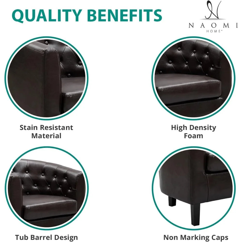 Emma Accent Chair, Button Tufted Faux Leather Barrel Chair, Midcentury Modern Accent Chair Comfy Armchair, Tub Barrel Chairs for