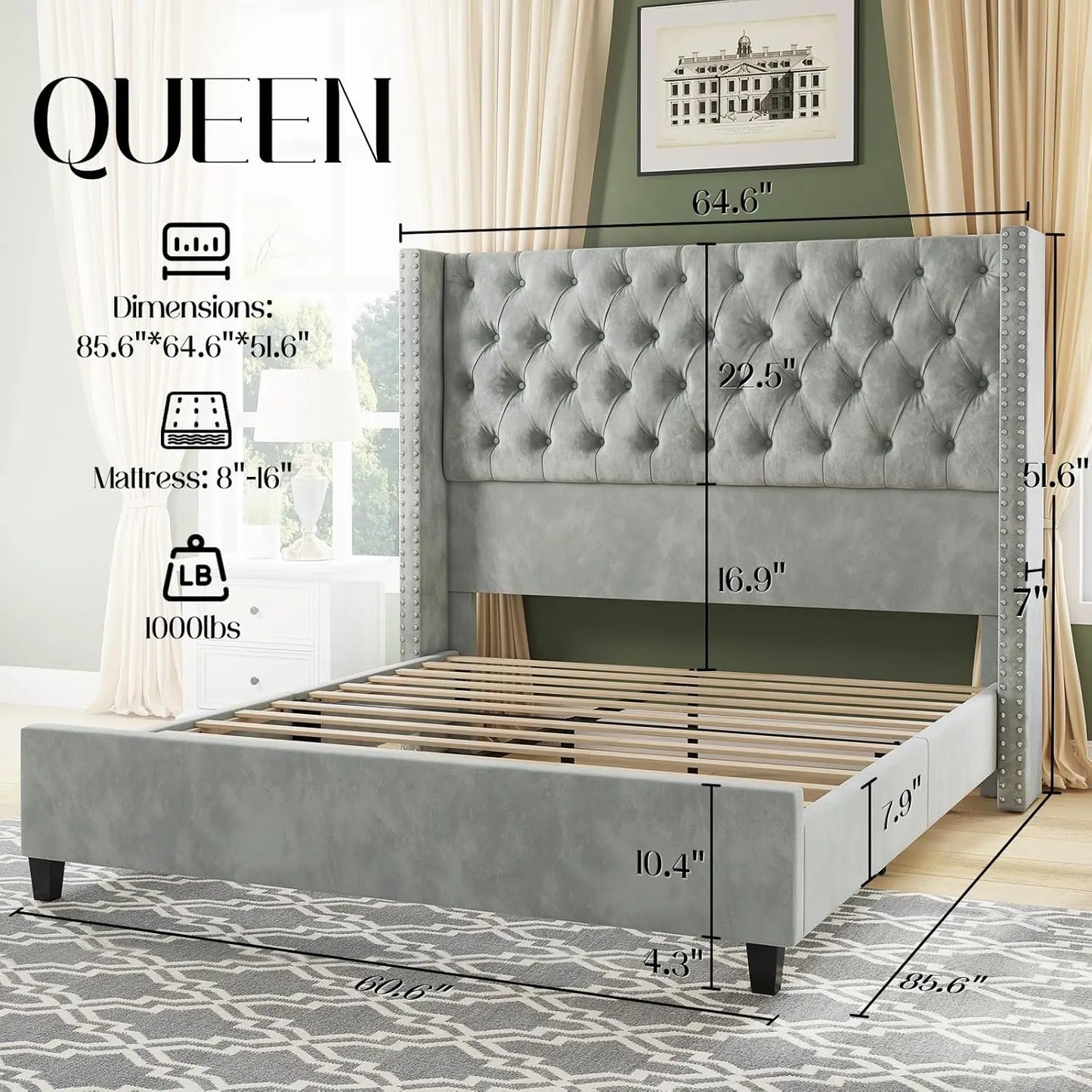 Queen Size Platform Bed Frame with Upholstered Headboard