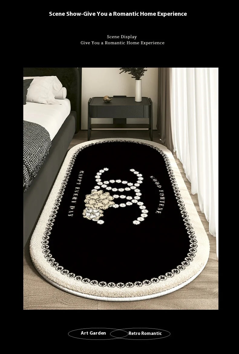 Designer-Inspired Oval Bedroom Rug - Luxury Logo Design with Lace Border