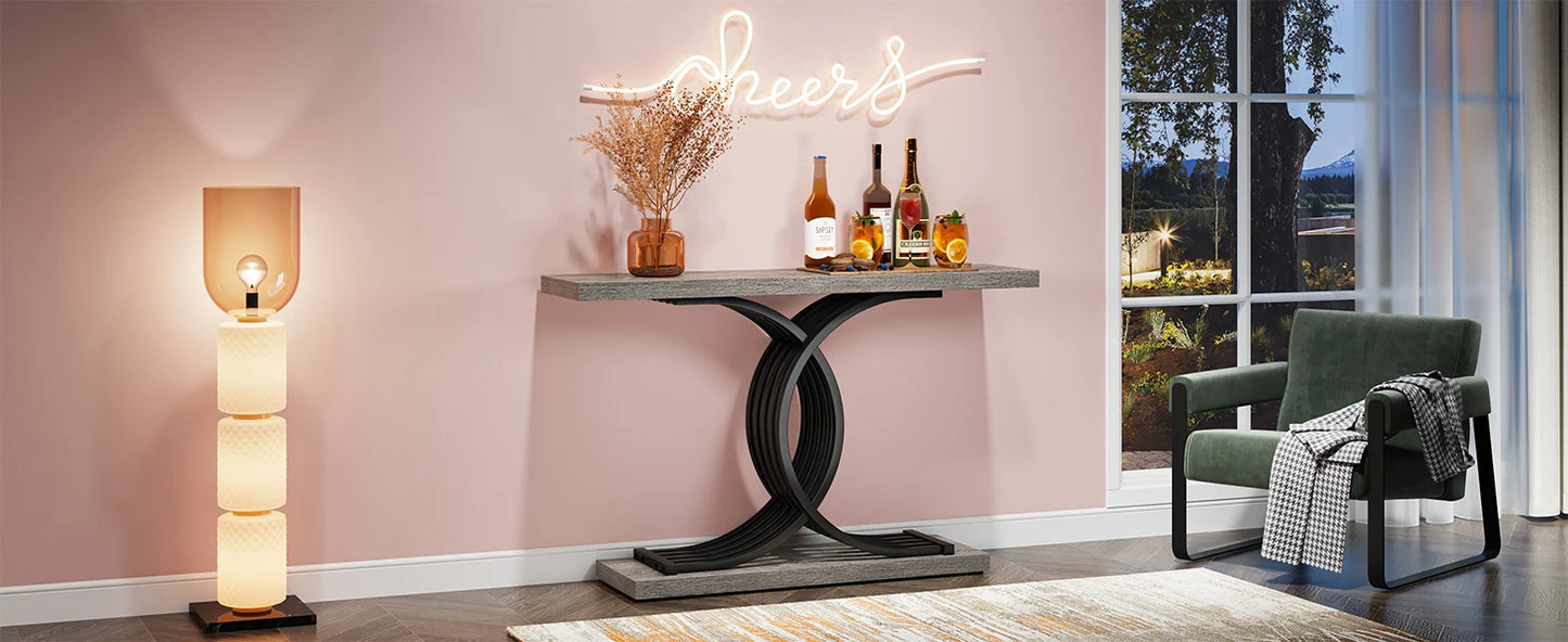 Industrial Entryway Table, 39-Inch Console Table Accent Table with Geometric Metal Legs, Narrow Wood Sofa Table for Entrance