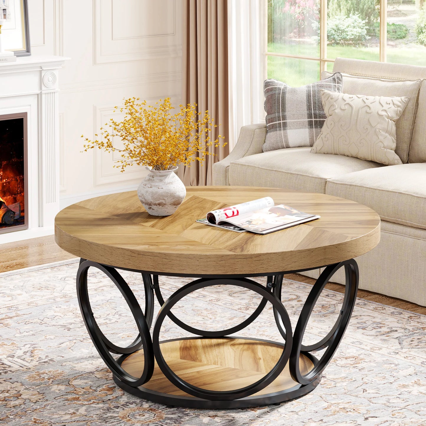 Round Coffee Table with Storage Shelves - 31.7" Industrial 2-Tier Circle Table