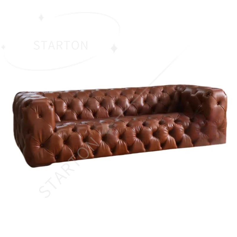 Custom Made Retro Vintage Tan Leather Classic Chesterfield Sofa Fully Tufted Buttons 3 Seat Living Room Hotel Lobby Sofa Club