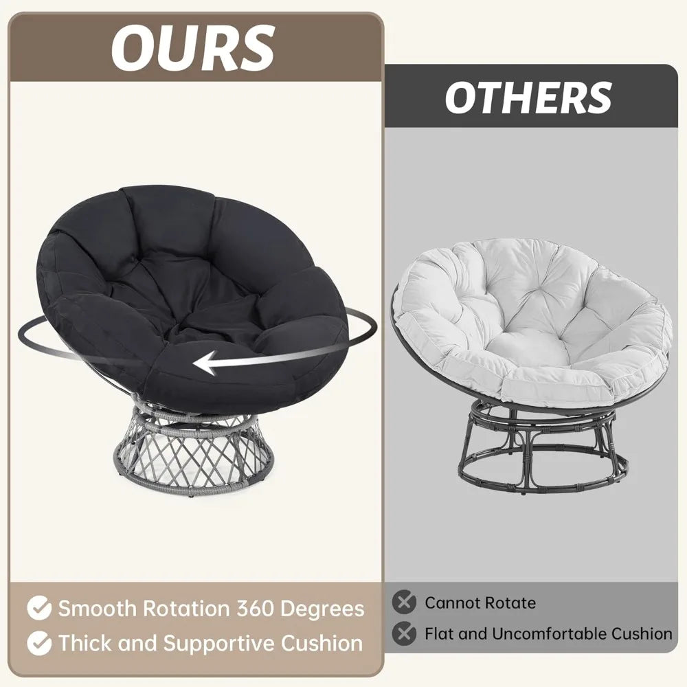Oversized Rattan Papasan Chair with Cushions - 46" Swivel Adult Chair with Gray Frame and Black Cushions