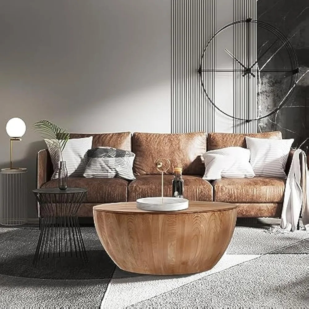 35.43" Round Coffee Table with Storage, Retro Wood Coffee Tables for Living Room, Wood Look Side Table End Table Accent Furnitur