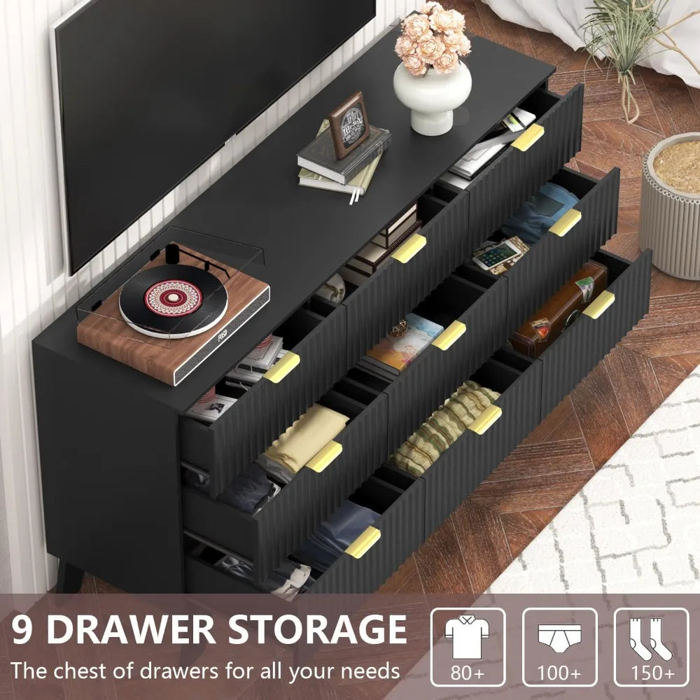 Dresser for Bedroom,9 Drawer Dresser for Closet,57" Wide Storage Cabinet and Chest of Drawers with Gold Handle,TV Stand