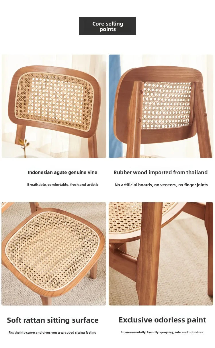 Scandinavian Dining Chair Natural Rattan & Wood Cafe Seat Minimalist Backrest Chair for Homestay Nordic Woven Home Furniture