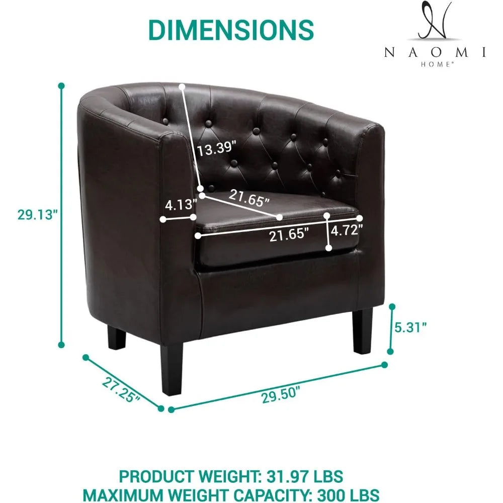 Emma Accent Chair, Button Tufted Faux Leather Barrel Chair, Midcentury Modern Accent Chair Comfy Armchair, Tub Barrel Chairs for