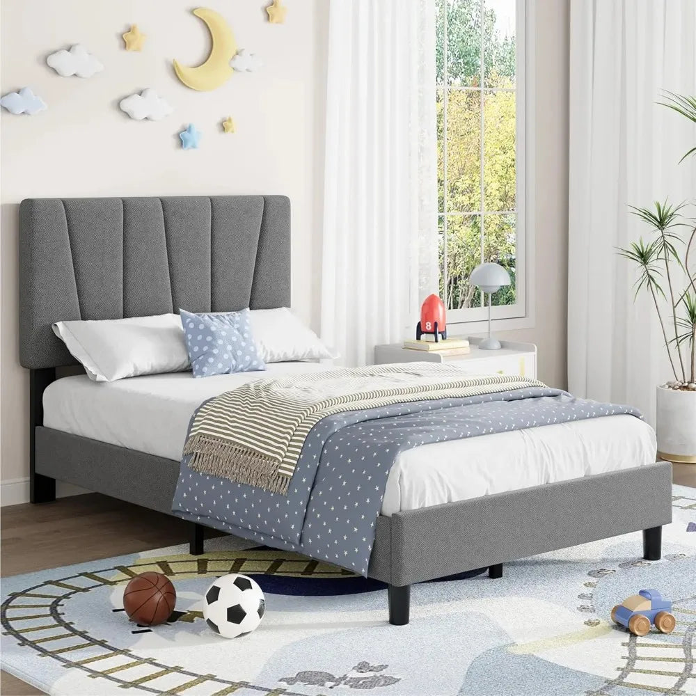 Twin Size Platform Bed Frame with Adjustable Upholstered Headboard