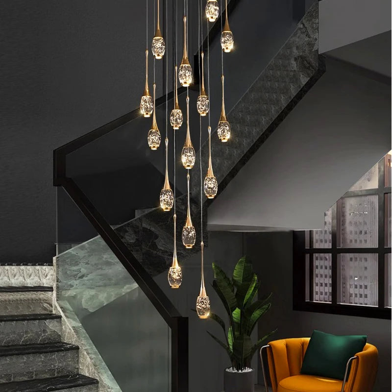 Crystal Chandelier: Multi-Drop Spiral Pendant Light in Gold - 30cm x 120cm