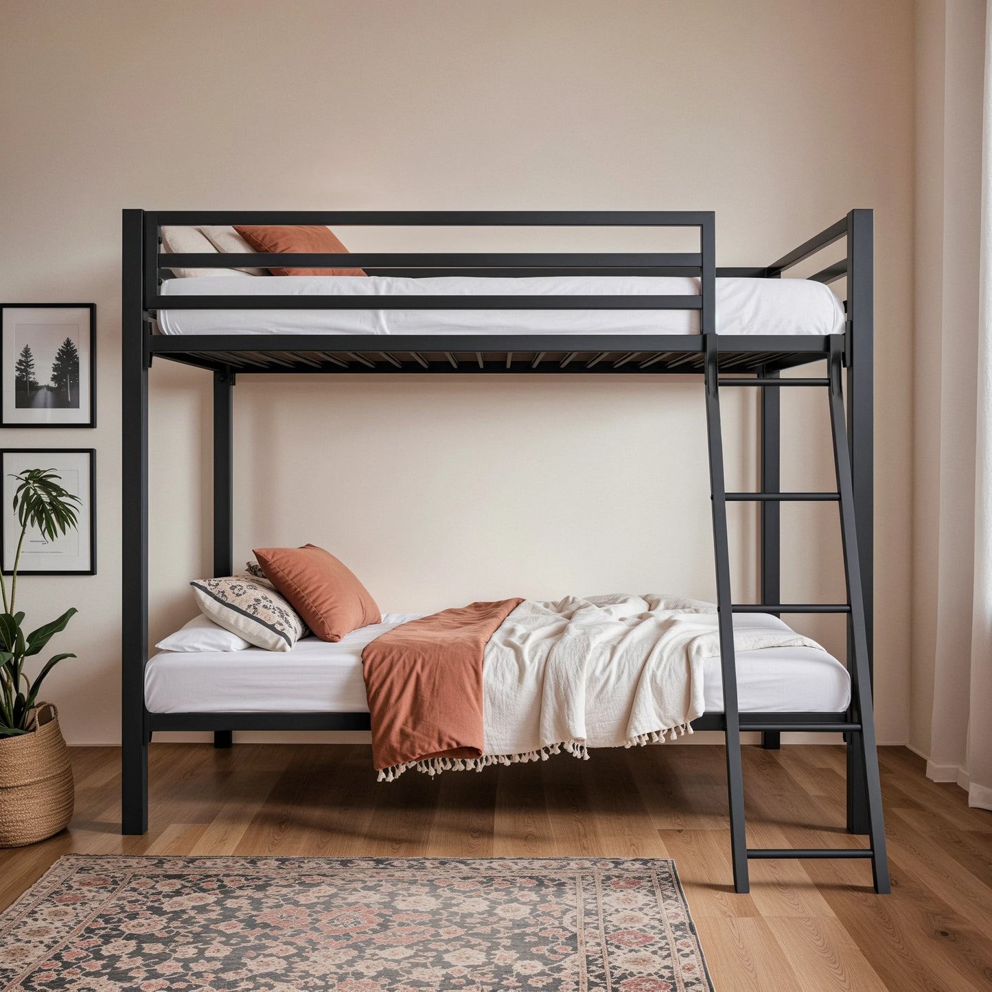 Heavy-Duty Metal Bunk Bed Frame Twin Over Twin, Full Length Guardrails, Space-Saving, Sturdy Metal Support