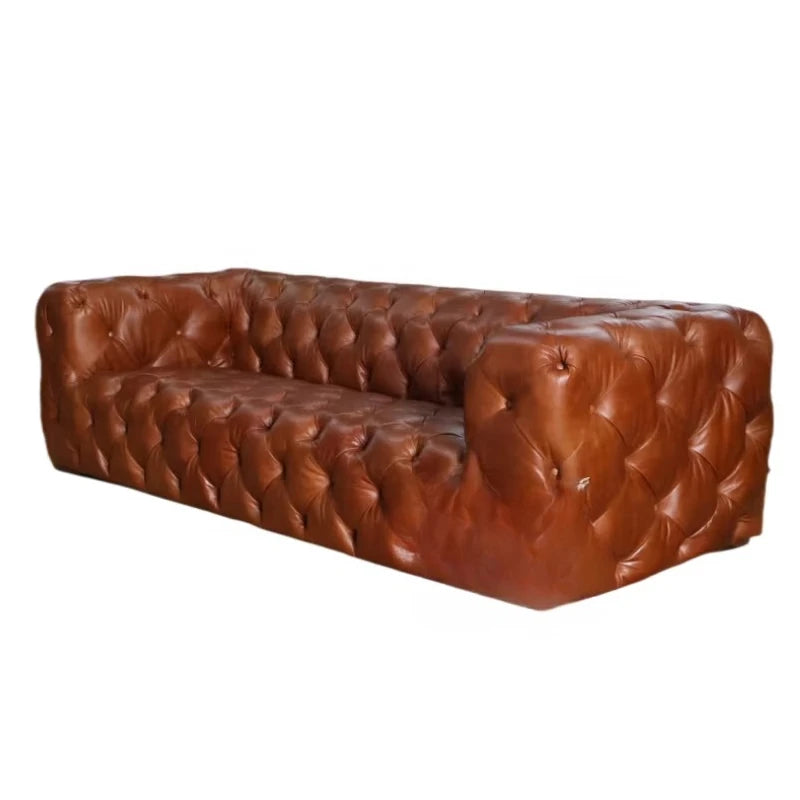 Custom Made Retro Vintage Tan Leather Classic Chesterfield Sofa Fully Tufted Buttons 3 Seat Living Room Hotel Lobby Sofa Club