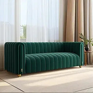 Velvet Sofa 81": Channel Tufted 3-Seat with Gold Legs for Living Room