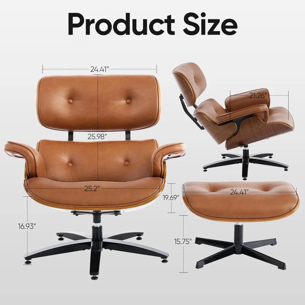 Mid-Century Modern Lounge Chair and Ottoman Set, Classic PU Leather Upholstery, Walnut Wood Trim, 360° Swivel, Ergonomic