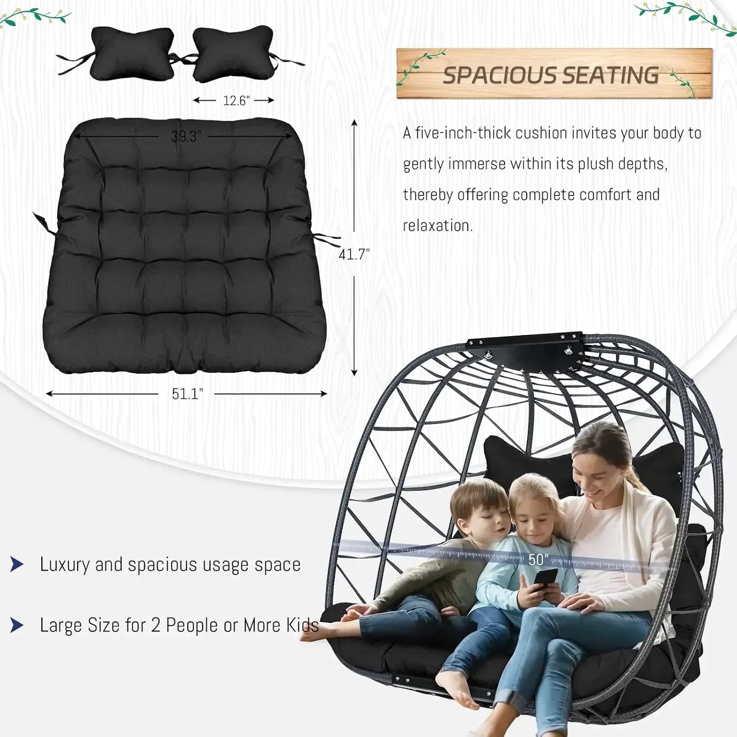 Double Egg Chair with Stand Indoor Outdoor 2 Person Large Wicker Hanging Swing Chair Grey Rattan Black Cushions with Cover