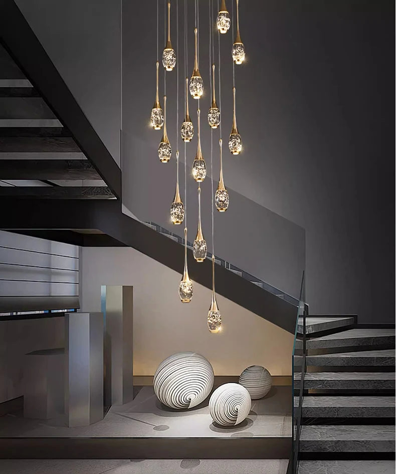 Crystal Chandelier: Multi-Drop Spiral Pendant Light in Gold - 30cm x 120cm