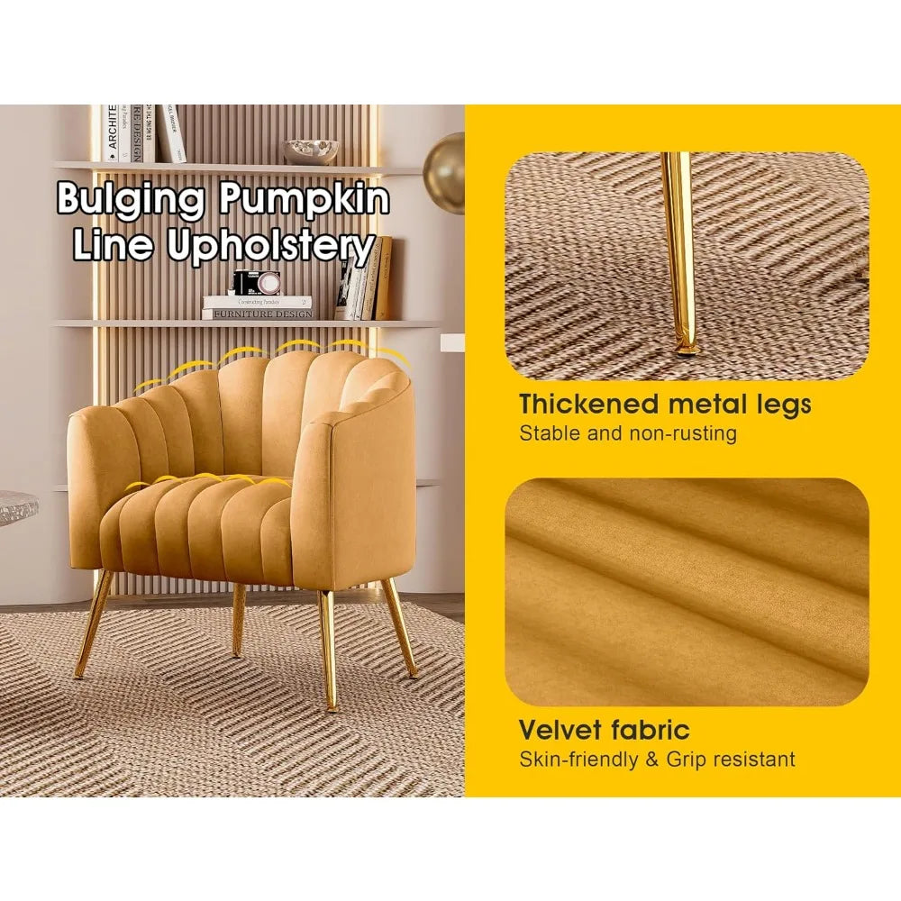 Oversized Pumpkin Couch Accent Chair, Modern Comfy Velvet Upholstered Barrel Chairs, Luxury Single Sofa Armchair for Living Room