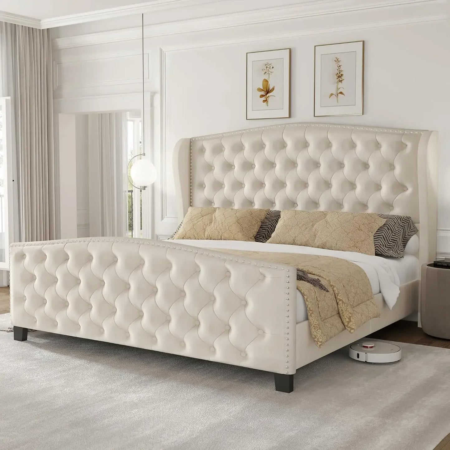 King Size Velvet Upholstered Platform Bed with Wingback Headboard and Footboard