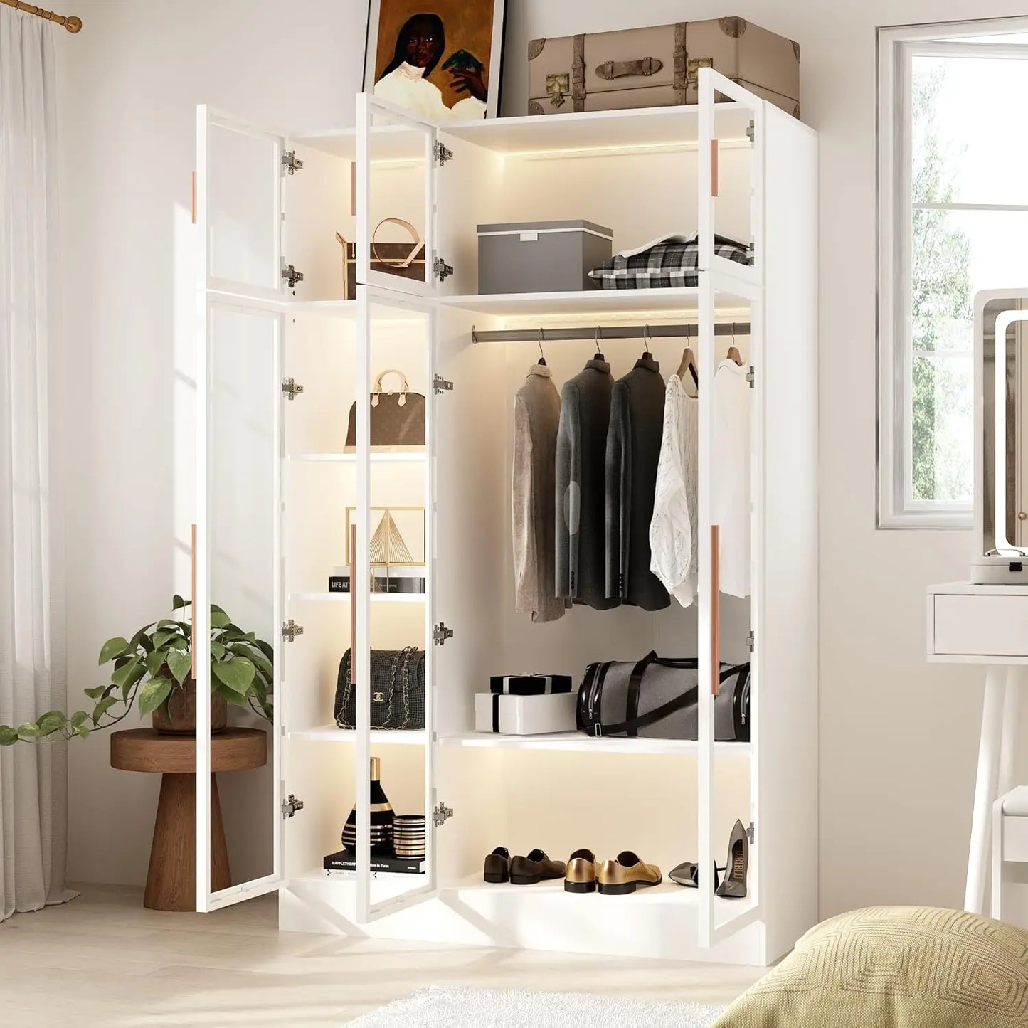 Wardrobe Cabinet with LED Lights, Armoire Closet , Wooden Large Wardrobe with Hanging Rod & 5 Tiers Shelf, White 47.2" W
