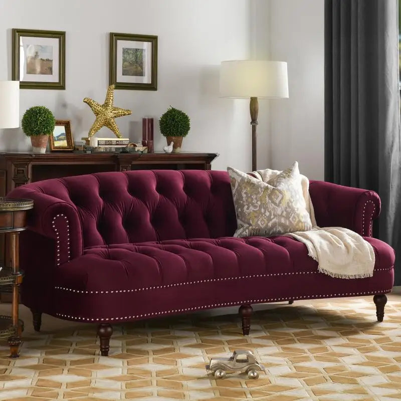 Victorian Chesterfield Tufted Sofa in Burgundy Velvet - S-Shaped Living Room Sofa