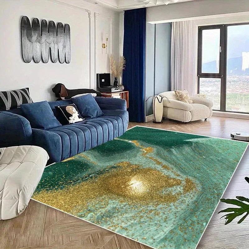 Luxury Gradient Carpet Collection Golden Veins Abstract Patterns Green Teal Brown Grey Tones Large Area Rugs Modern Lounge Decor