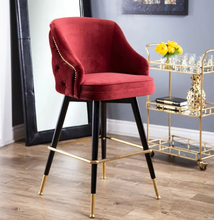 Luxury Modern Nordic Style Burgundy Tufted Curved High Back Bar Stool Velvet Upholstery Bar Chair for Home Hotel