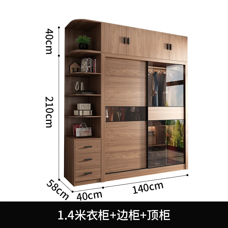 Nordic Wardrobe Bedroom Simple Glass Sliding Door Walnut Color Cabinet Sliding Door Wardrobe