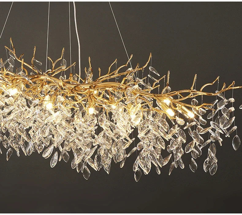 Crystal Chandelier: Luxury Gold Leaf Design LED Pendant Light for Dining & Living Room