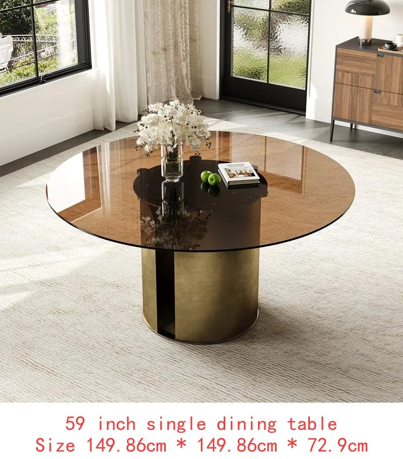 59" Round Dining Table, Dark Brown Glass Top, Antique Copper Steel Leg Base, Ideal for Family Kitchen or Living Room