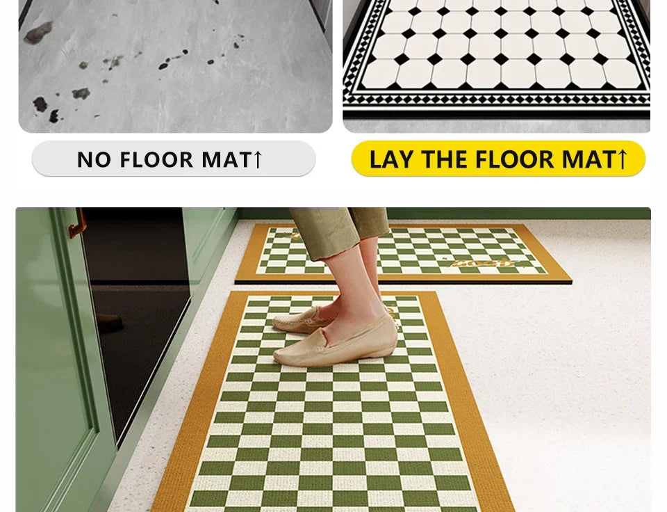 Mat for Kitchen Carpet Waterproof PVC Long Floor Mats Leather Oil Proof Anti-slip Carpets Black White Plaid Home Decoration Rug