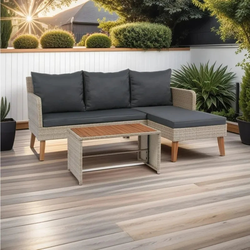 3-Piece Patio Sofa Set, Yellow Wicker Rattan Furniture with Dark Grey Cushions, Durable All-Weather Outdoor Sectional