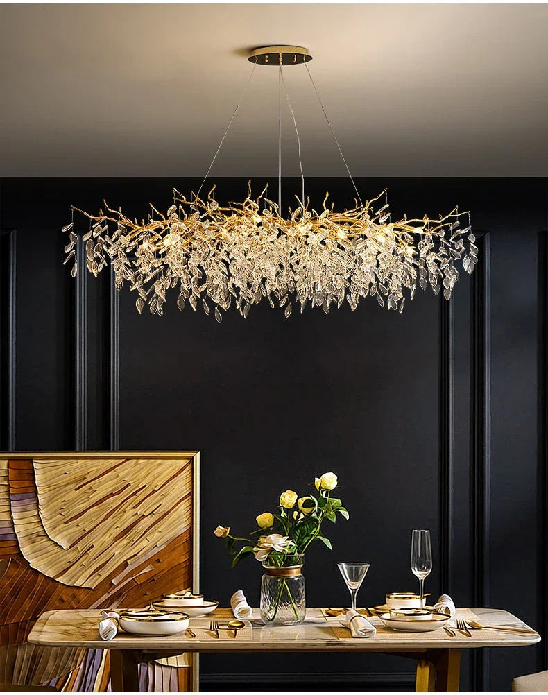Crystal Chandelier: Luxury Gold Leaf Design LED Pendant Light for Dining & Living Room