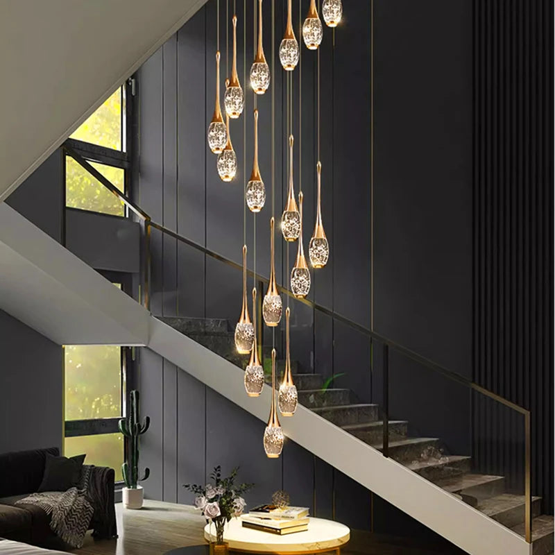 Crystal Chandelier: Multi-Drop Spiral Pendant Light in Gold - 30cm x 120cm