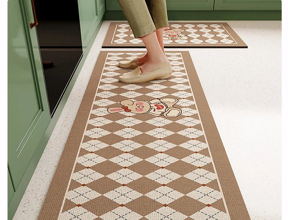 Mat for Kitchen Carpet Waterproof PVC Long Floor Mats Leather Oil Proof Anti-slip Carpets Black White Plaid Home Decoration Rug