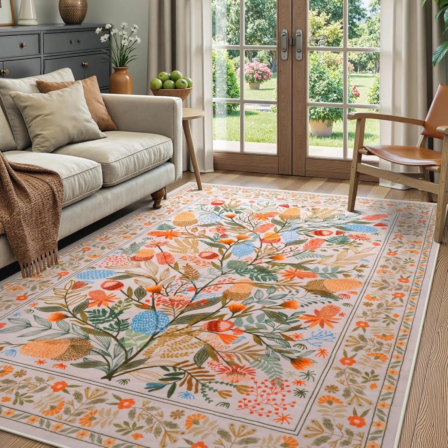 Christmas Area Rug Botanical Floral Washable Rugs for Living Room Holiday Decor, Non-Slip Soft Modern Bedroom Rug,Indoor Carpet